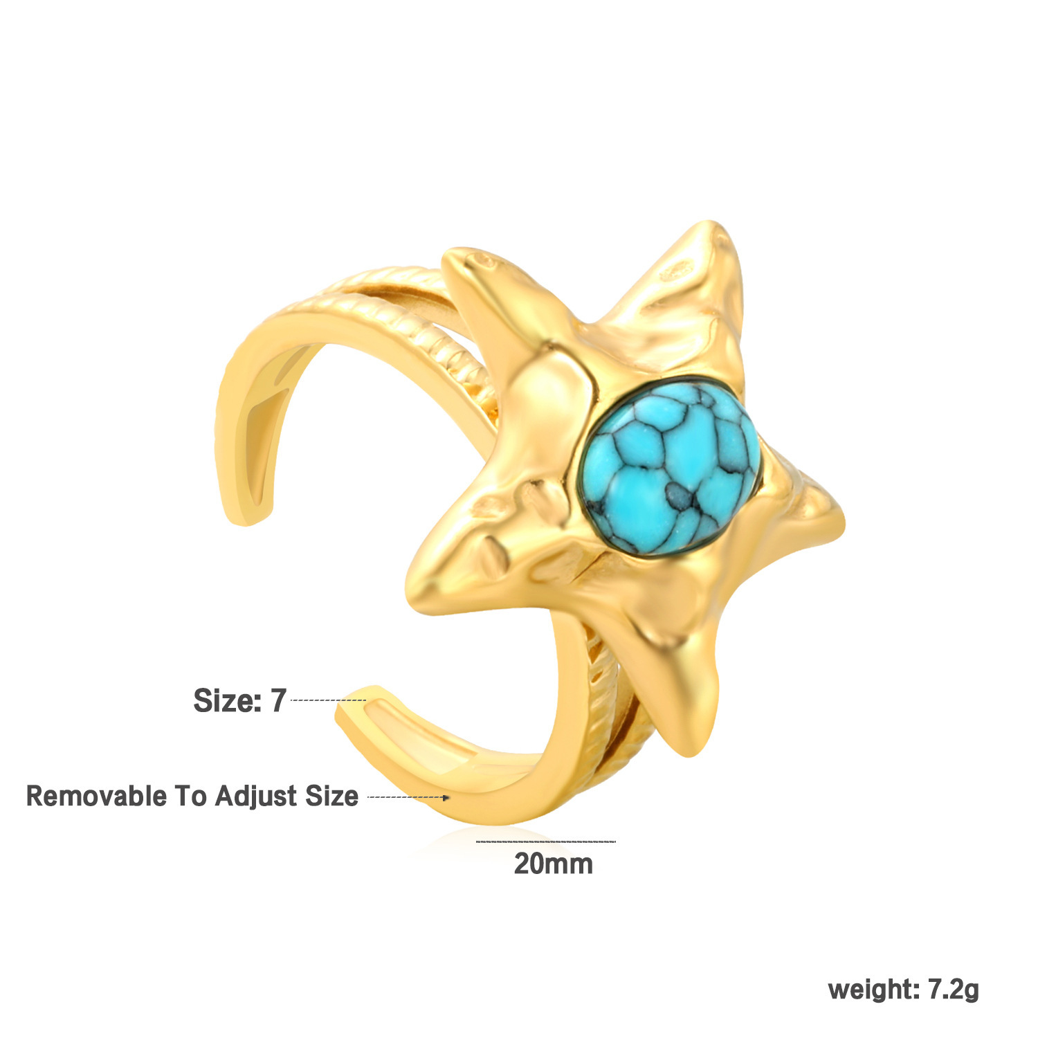 Graceful Vintage Open Ring Turquoise Star Design 304 Stainless Steel Starfish Ring Women's Fashion Jewelry Accessories Ocean Style