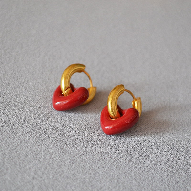 Korean Fashion Retro Red Thick Fat Small Love Handmade Enamel Glaze Personality Niche Temperament U-word Earrings Earrings