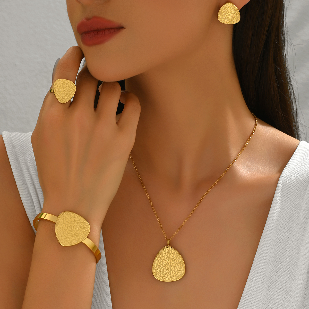 Stainless Steel Geometric Necklace Ring Bracelet Earring Set For Party And Wedding Celebration Women's Retro Classic Style Jewelry Gift