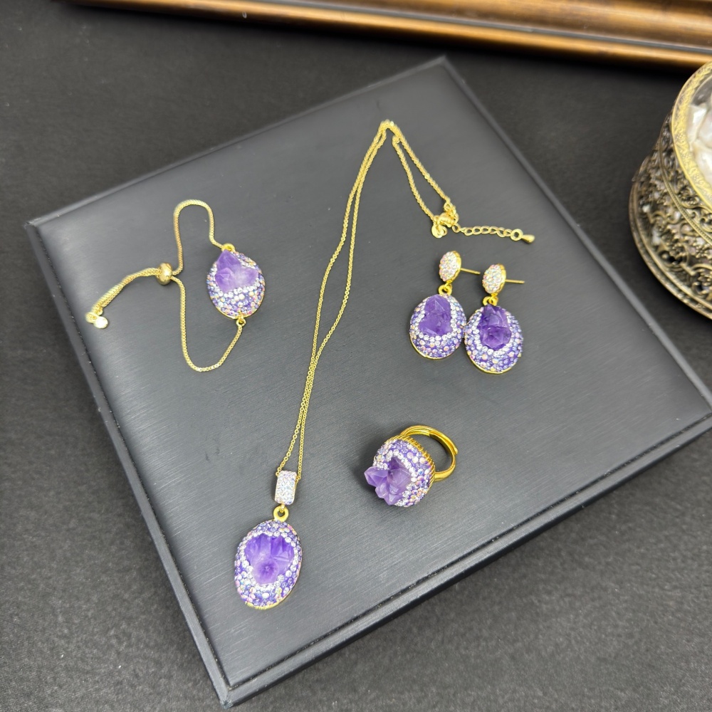 Natural Raw Stone Purple Quartz Jewelry Set Factory Embedded Elegant Sensation Small Audience Style Women's Fashion Accessories
