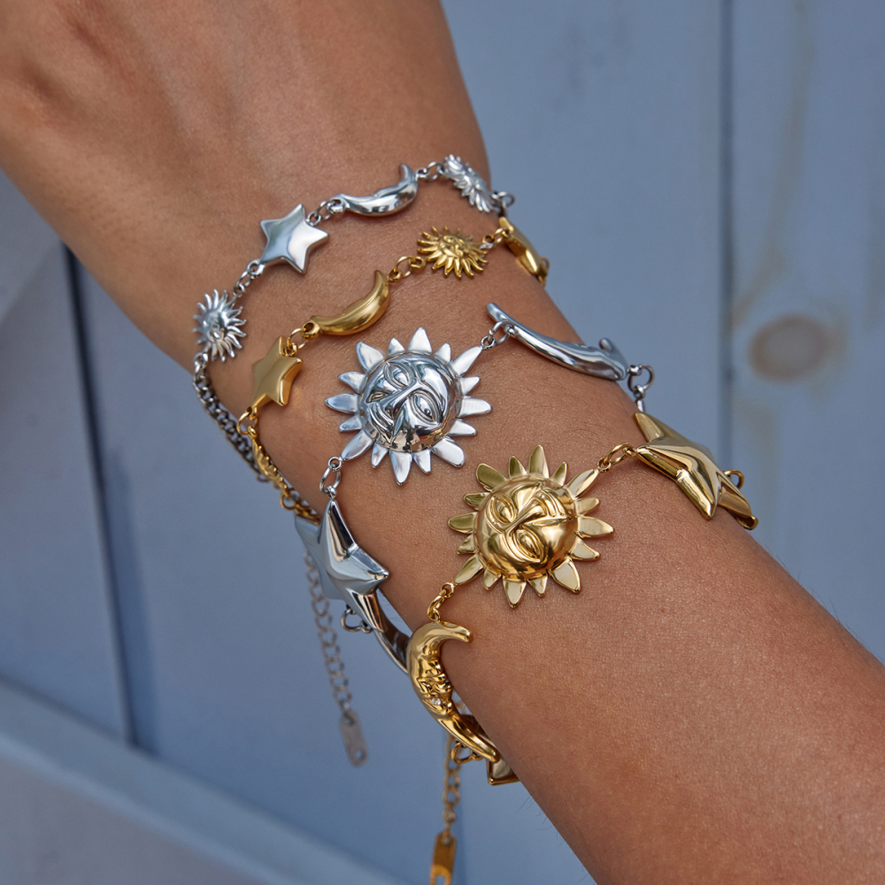 304 Stainless Steel Sun Star Moon PVD Coated Real Gold Plated Novelty Ethnic Style Waterproof Non Tarnish Surgical Steel Cuban Link Chain Curb Chain Safety Clasp Closure Bracelets