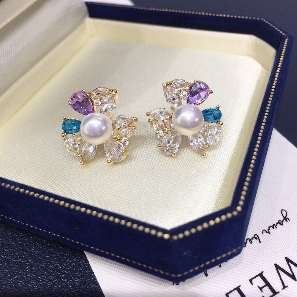Natural Freshwater Pearl Earrings Women's Colorful Crystal Zircon Flower Pearl Studs Elegant Jewelry Accessories