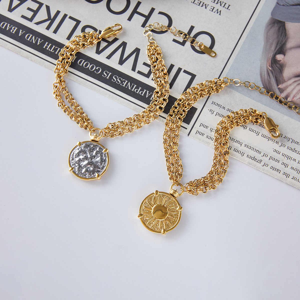 Designer Ladies Classic Style Coin Pendant Stainless Steel Gold And Silver Double Chain Bracelet 18K Gold Plated 18+5cm
