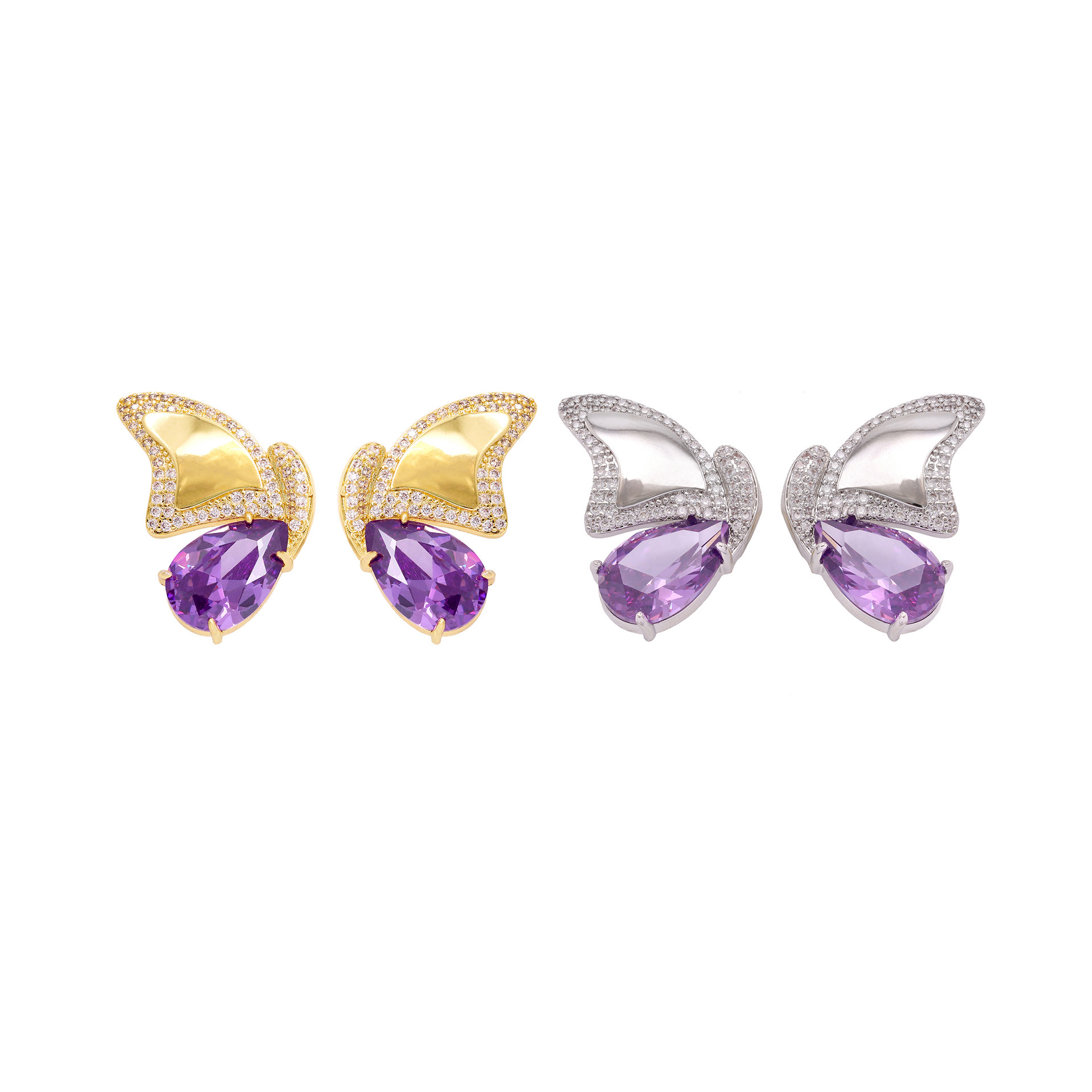 Butterfly Wing Half-and-Half Gold Plated Brass Purple Necklace Earring Set Elegant Dynamic Combination Fashion Jewelry