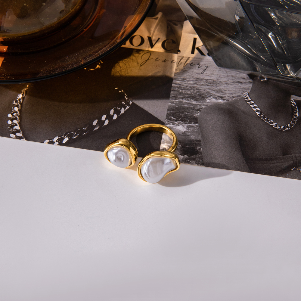 304 Stainless Steel Resin Pearl Asymmetrical PVD Coated Pearl 18K Real Gold Plated Rings