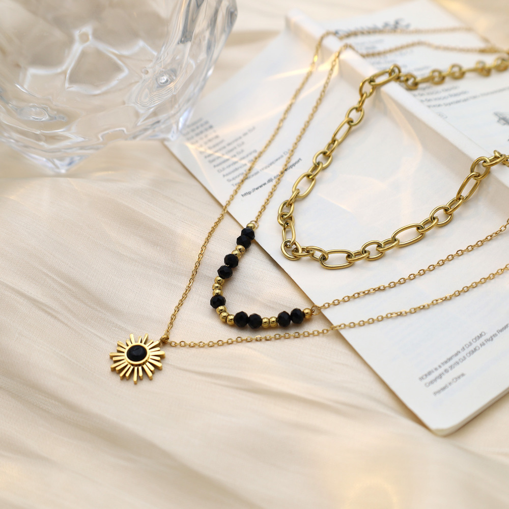 304 Stainless Steel Titanium Gold Black Sunflower Pendant Necklace Three-Layer Bead Collarbone Chain Jewelry Women's Accessories