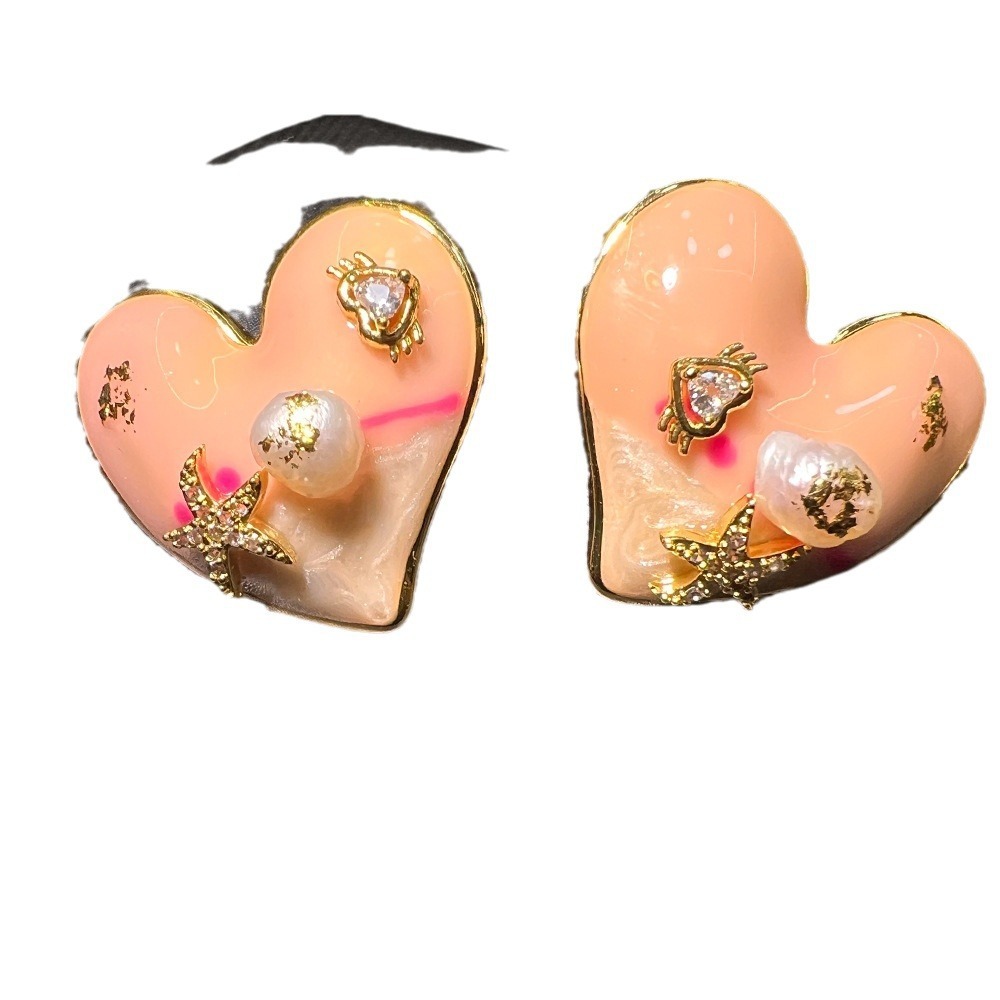 Natural Pearl Gold Powder Earrings Copper Plated Heart Design Vintage Style Women's Jewelry Fashion Ocean Series Accessories