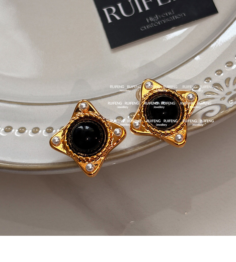 Fashionable Square Black Agate Pearl Stud Earrings Luxury Simple Stylish European Style Women's Jewelry Accessories