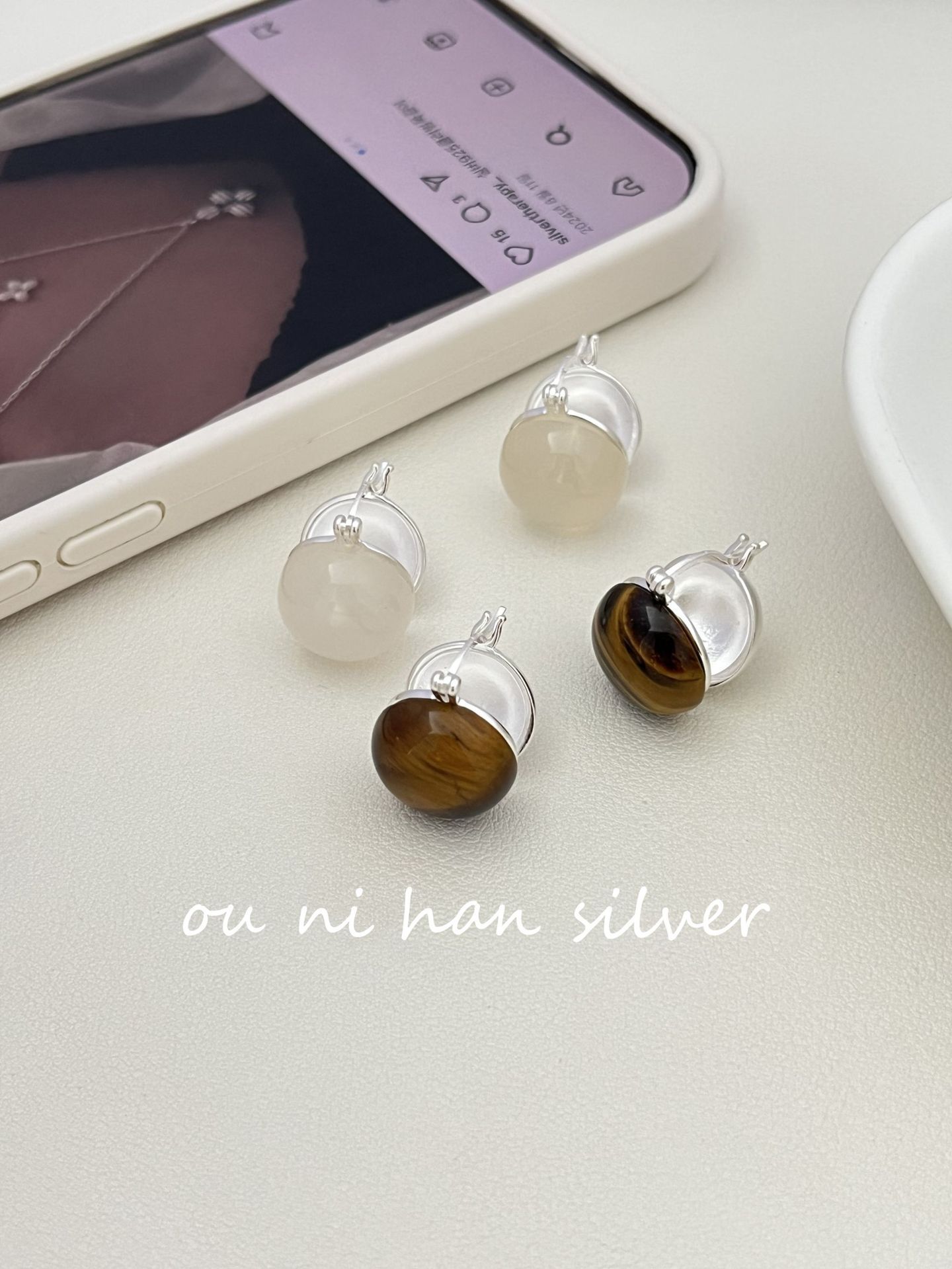 Eoni New Heavy Industry S925 Pure Silver Agate Tiger Eye White Opal Ear Cuffs Women Elegant High-End Feelings Geometric Pattern Cat's Eye Stone Inlaid Silver Earrings