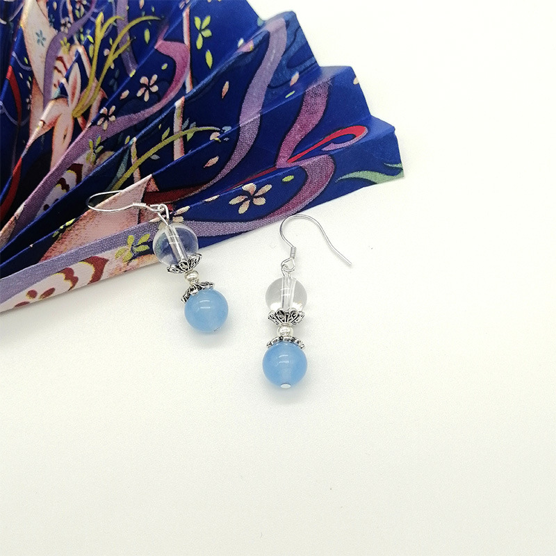 S925 Silver Blue Waterdrop Crystal Earrings Women's Hanfu Accessories Traditional Chinese Style Sweet Geometric Pattern Jewelry