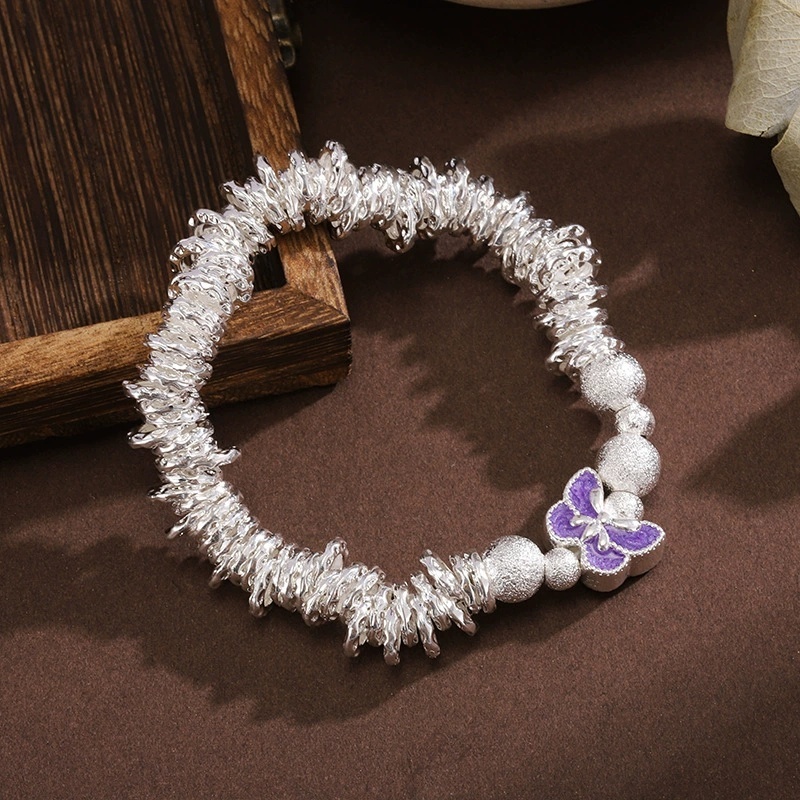 Universal Electroplated Silver Geometric Pattern Enamel Flower Butterfly Coiled Bracelet For Women Vintage Fragmented Silver Bracelet Small Round Bead Bracelet Copper Ethnic Style