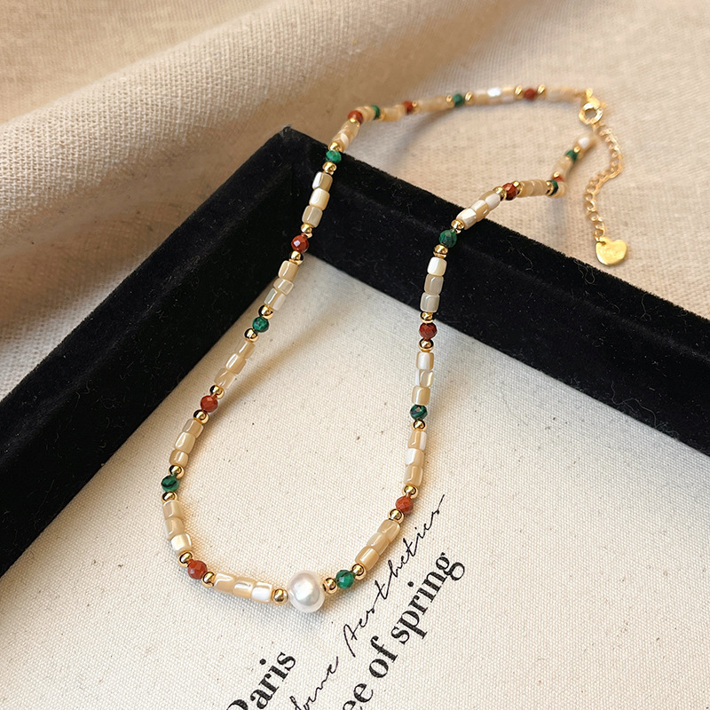 Titanium Steel Natural Stone Shell Freshwater Pearl Necklace Women Elegant Luxury Fashion Pendant Clavicle Chain Geometric Pattern