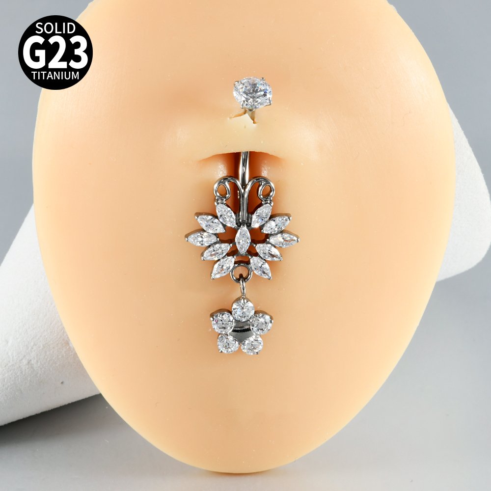 Titanium Navel Piercing Belly Button Ring Moon Zircon Heart Shaped Flower Butterfly Pendant Body Piercing Jewelry Accessories