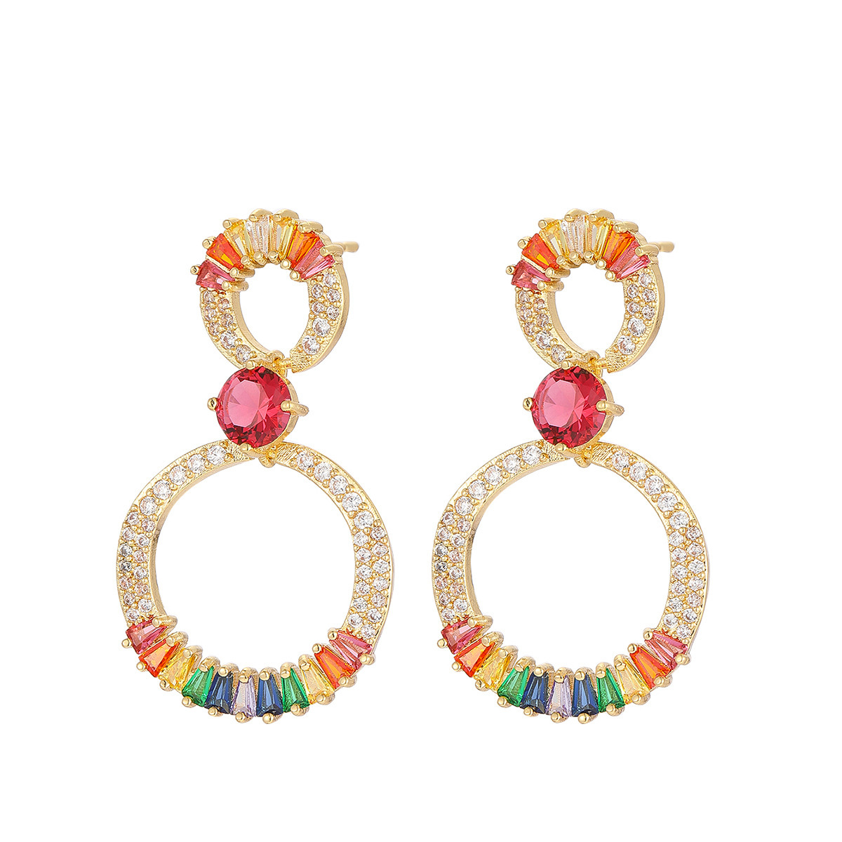 Fashion  Style Earrings Micro Inlaid Colorful Zircon Earrings Super Sparkling Double Hoop Round Personality High-end Temperament Earrings