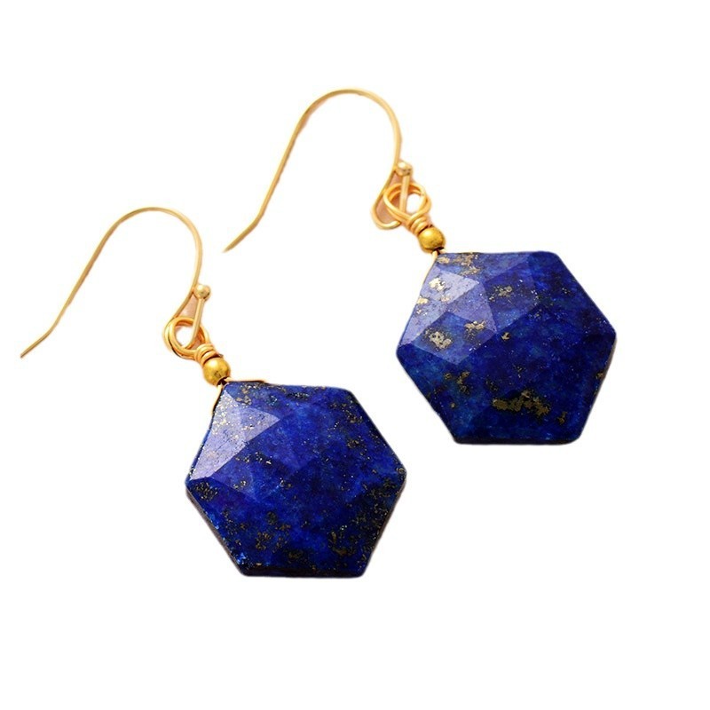 New Premium Natural Stone Amethyst Lapis Lazuli Hexagonal Pendant Earrings  Popular Crystal Jewelry Accessories