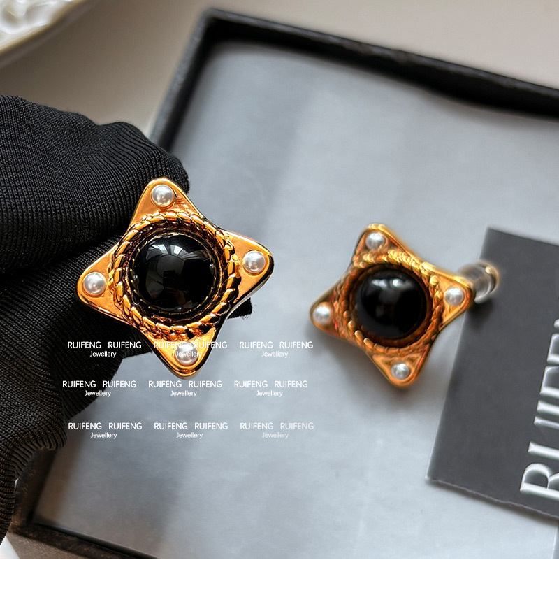 Fashionable Square Black Agate Pearl Stud Earrings Luxury Simple Stylish European Style Women's Jewelry Accessories