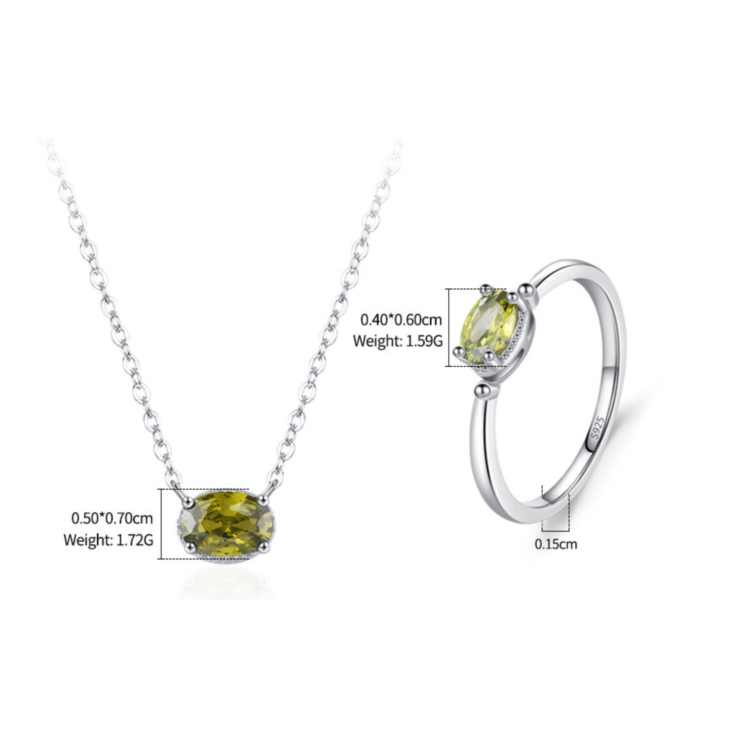 S925 Sterling Silver  Fresh Olive Green Oval Ring Necklace Women's High-Grade  Colored Gems Jewelry Suit