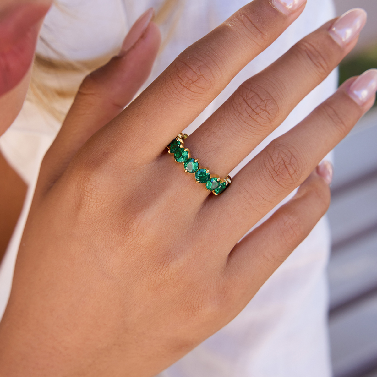 Women's Classic Style 18K Gold Stainless Steel + Zircon Stone Inlaid Green Round Zircon Ring Size 7