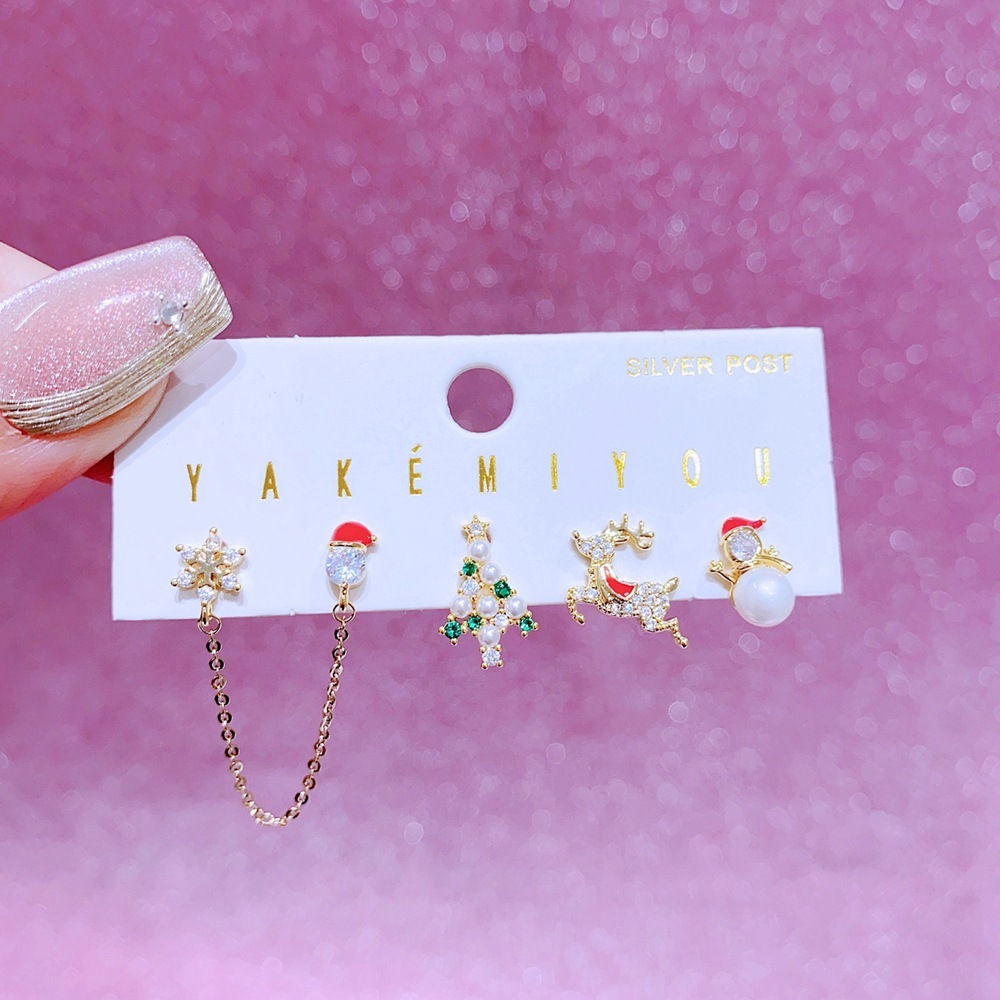 Elegant Christmas Deer Asymmetric Earrings Set 925 Silver Needle Cartoon Studs Women's Jewelry Accessories Christmas Theme