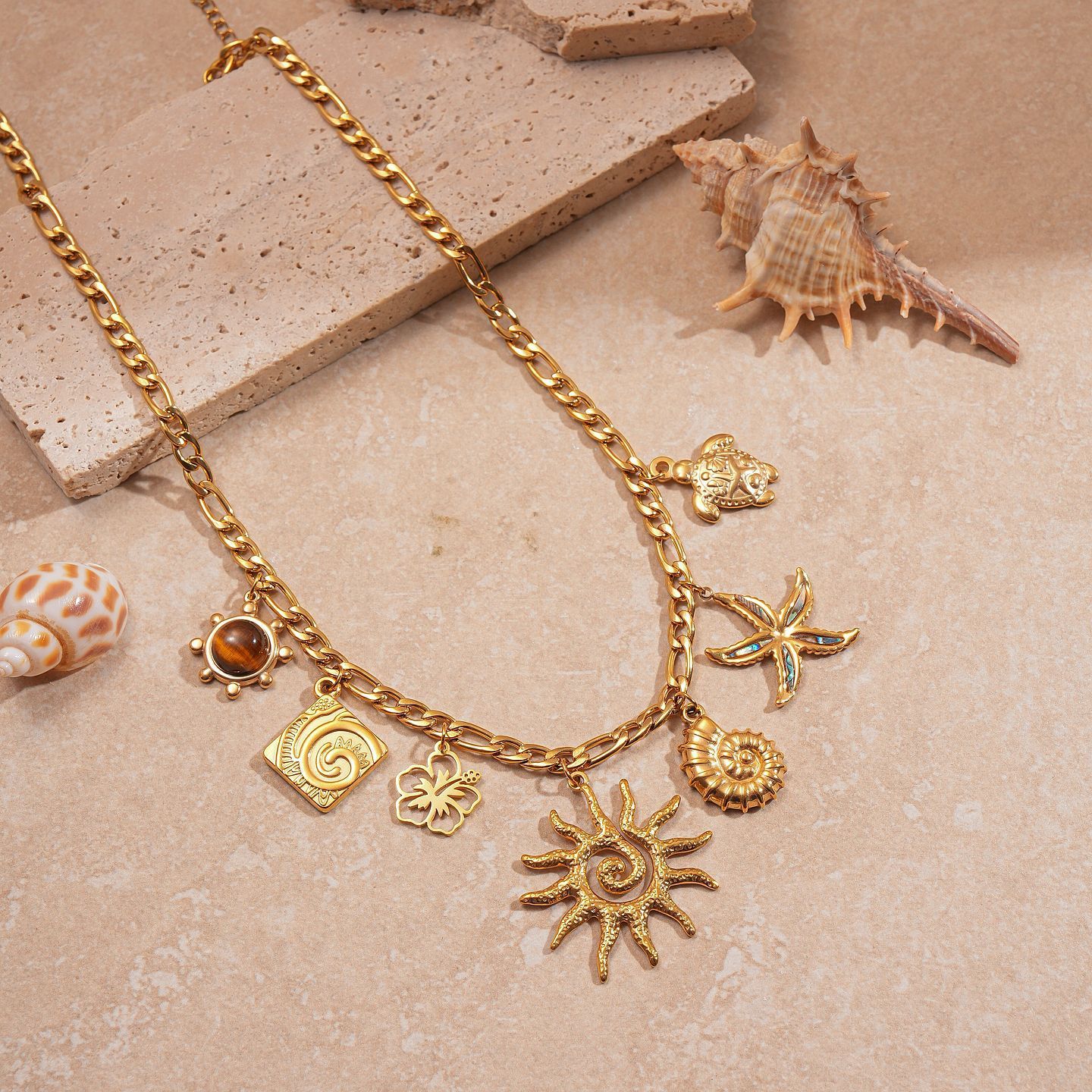 Fashionable Stainless Steel Sun Pendant Necklace Women's Versatile Light Luxury Geometric Pattern Electroplated Jewelry Accessory