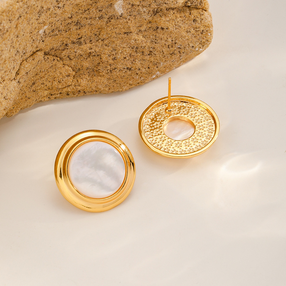 Natural Shell Earrings Round Geometric Design 18K Gold Plated 925 Silver Post Vintage Style Women's Jewelry Accessories