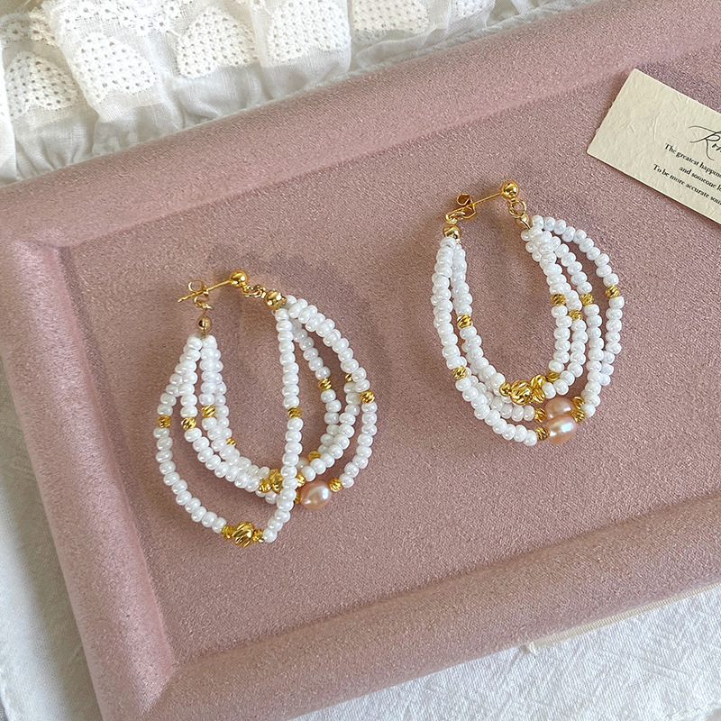 Natural Pink Freshwater Pearl Beaded Necklace Bracelet Earring Set Women's French Braided Accessories Geometric Pattern Irregular Design Electroplated Copper