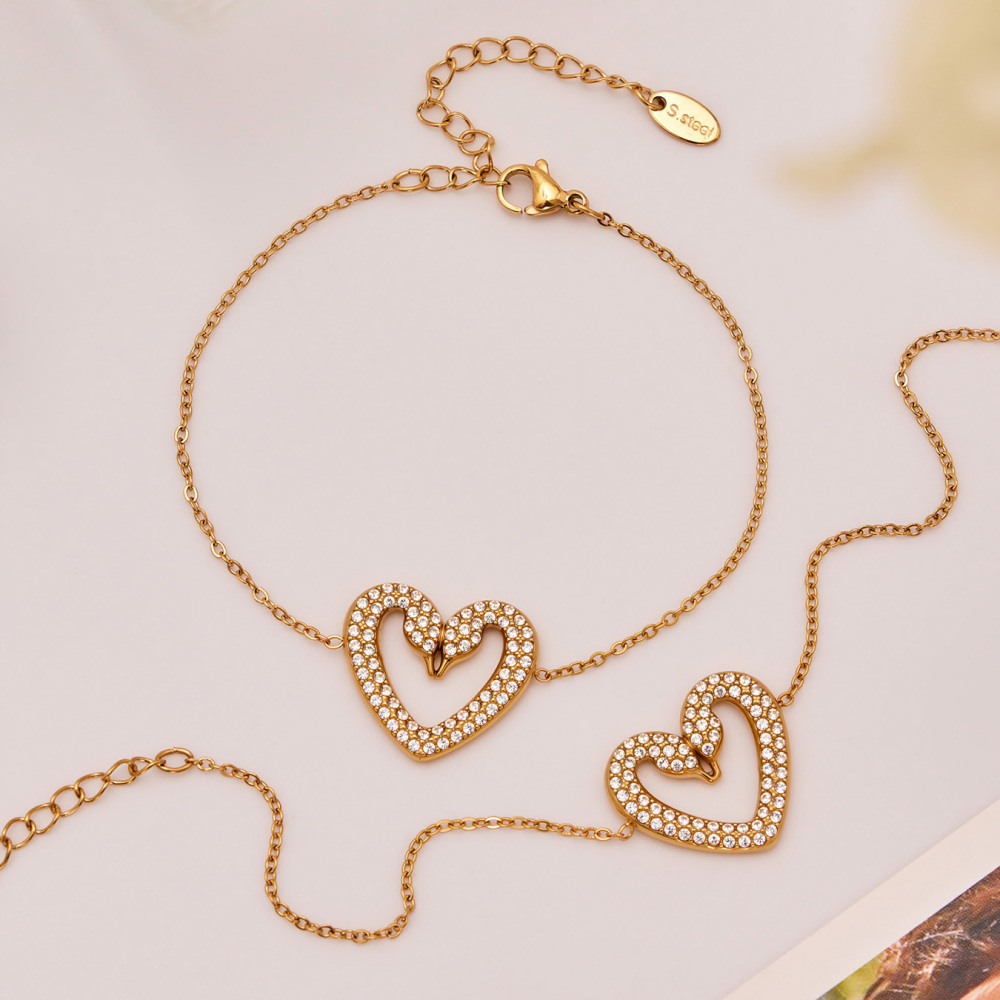 Women's 304 Stainless Steel Handmade Chain Vacuum Electroplating (In Furnace) 18K Gold Plated Geometric Pattern Zircon Full Diamond Double Swan Earrings Ring Bracelet Necklace Heart Full Diamond Jewelry Set Accessories
