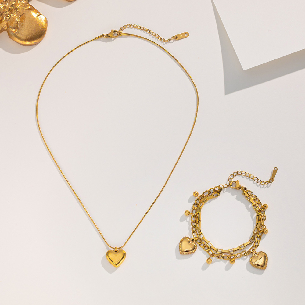 Gold Heart-shaped Necklace Bracelet Set Snake Bone Chain Design Fashion Stainless Steel Vintage Style Jewelry Accessories
