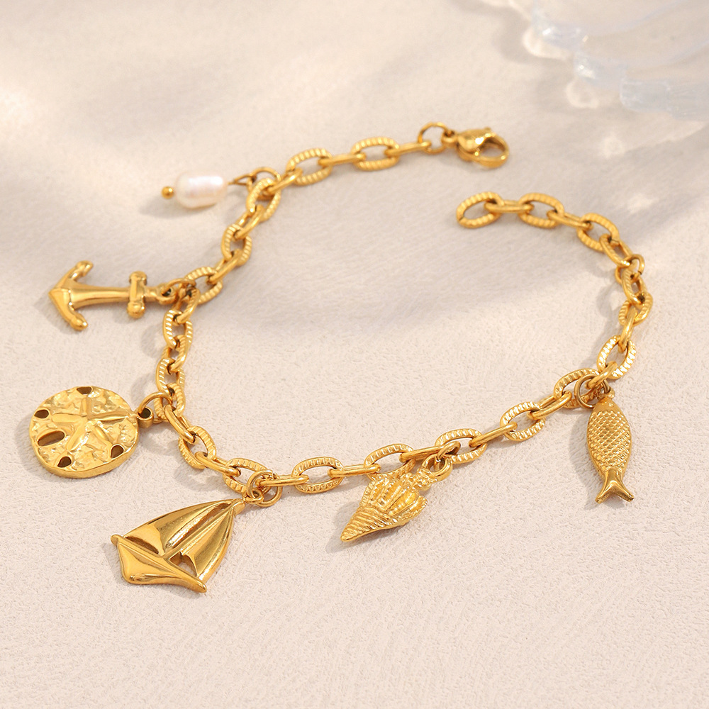 Summer Ocean Vacation Style Stainless Steel 18K Gold Plated Pendant Bracelet Fashionable Geometric Pattern Women's Jewelry