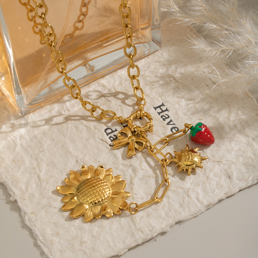 Elegant Gold Plated Sunflower And Strawberry Tassel Earrings And Necklace Set For Girls Romantic And Sweet Jewelry Accessories