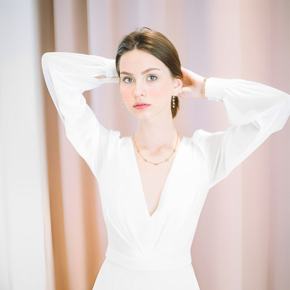 Fashion Round Zircon Necklace Set For Women, Non-Fading Summer Accessories, New 304 Stainless Steel Titanium Steel Geometric Pattern Jewelry Set