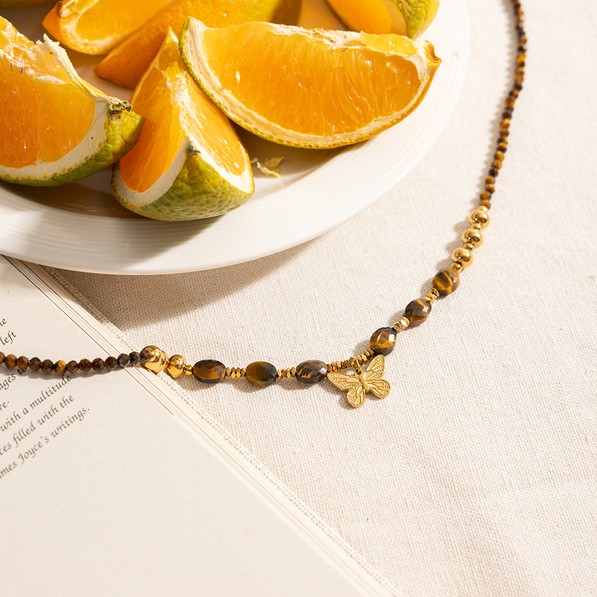 Ladies Classic Style 18K Gold Stainless Steel Butterfly Pendant Tiger Eye Stone Beaded Necklace 42+5CM Butterfly Chain Design