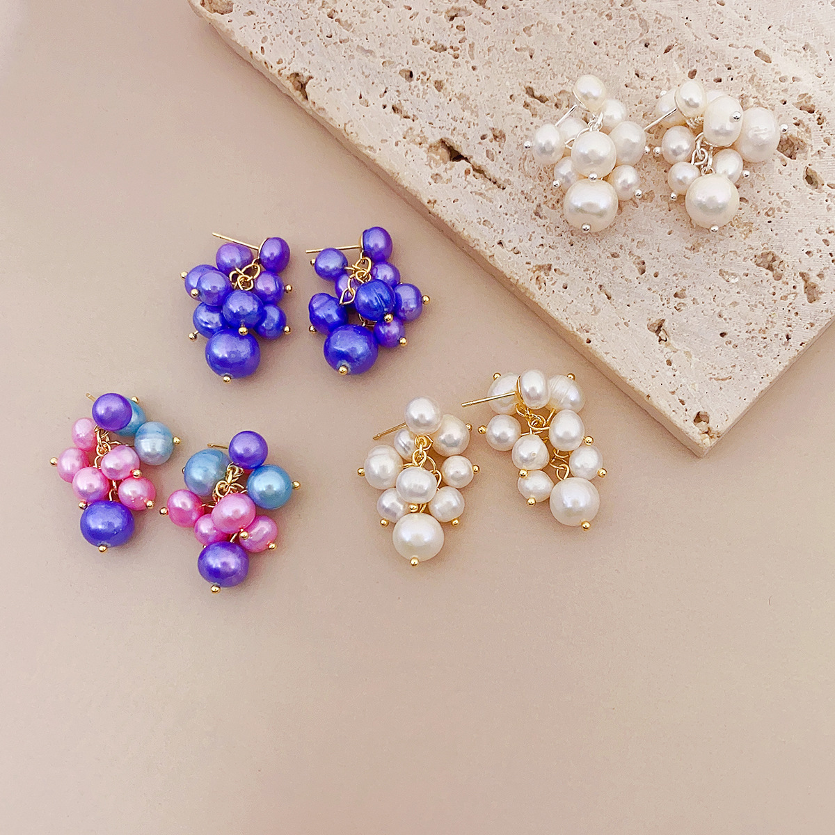 New Style Fresh Summer Colorful Grape Freshwater Pearl Earrings Women Sweet Elegant Versatile Pearl Studs Geometric Pattern