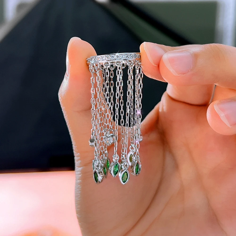 Copper Ring Women Luxury Green Cubic Zirconia Ultra Long Tassel Pendant Ring Fashion Party Dress Jewelry Accessories