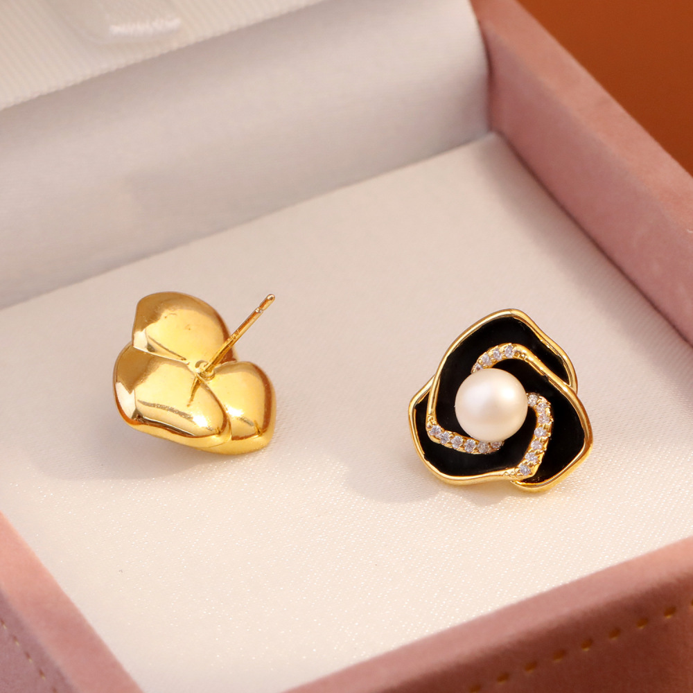 Elegant Pearl Tea Rose Earrings Women's Fashion Commute Delicate Enamel Drip Glaze Studs Trendy Jewelry Accessories