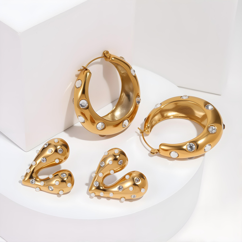 Fashionable Stainless Steel Diamond Embedded Earrings Irregular Heart Several Hoops Luxury 18K Gold Plated Women's Jewelry