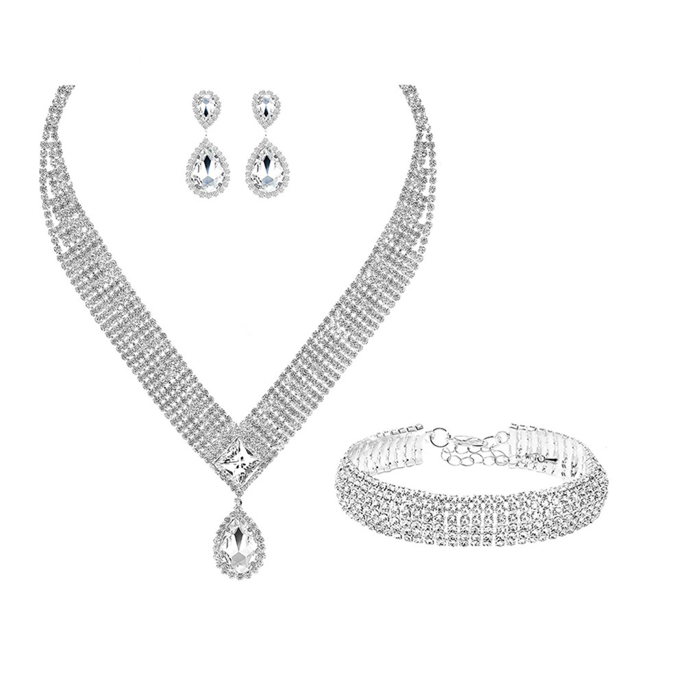 Luxurious Waterdrop Pendant Zircon Necklace Earring Set For Brides Wedding Dress Accessories Alloy And Crystal Light Luxury Style