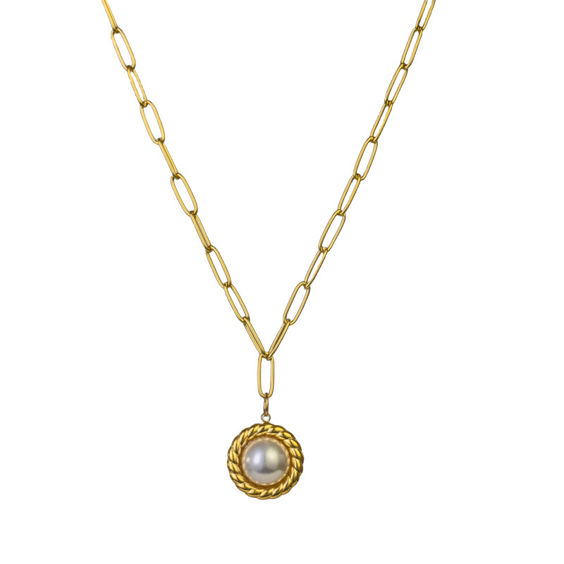 Vintage Natural Stone Beads Pearl Geometric Pattern 304 Stainless Steel Titanium Steel Pendant Necklace Women's High-End Luxury Layered Jewelry Accessories