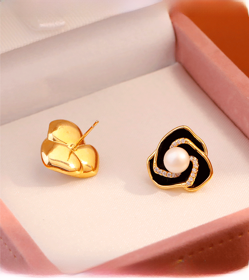 Elegant Pearl Tea Rose Earrings Women's Fashion Commute Delicate Enamel Drip Glaze Studs Trendy Jewelry Accessories