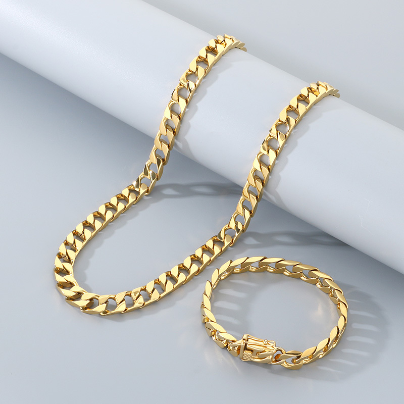 Trendy Titanium Steel Cuban Link Necklace Men's Simple Stainless Steel Jewelry Fashionable Geometric Pattern Vacuum Plated 18K Gold