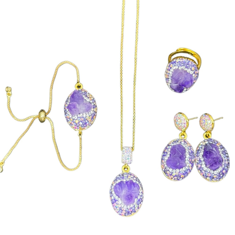 Natural Raw Stone Purple Quartz Jewelry Set Factory Embedded Elegant Sensation Small Audience Style Women's Fashion Accessories