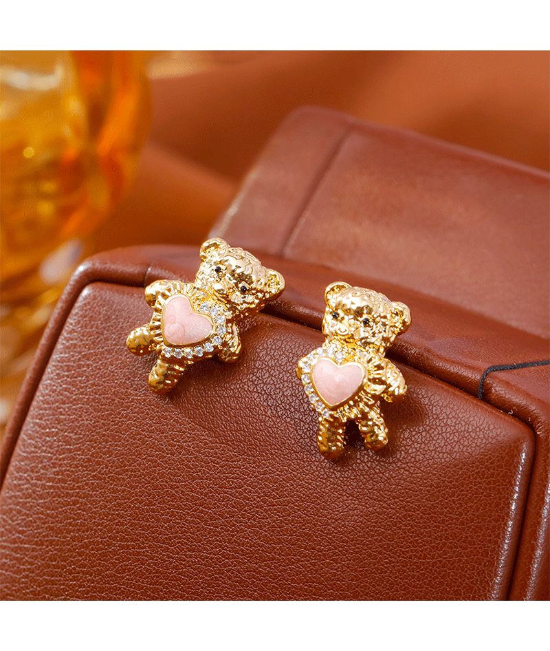 Delicate Bear Design Earrings With Zircon Heart Commuter Sweet Cute Style New Arrival Fashionable Women's Jewelry Accessories