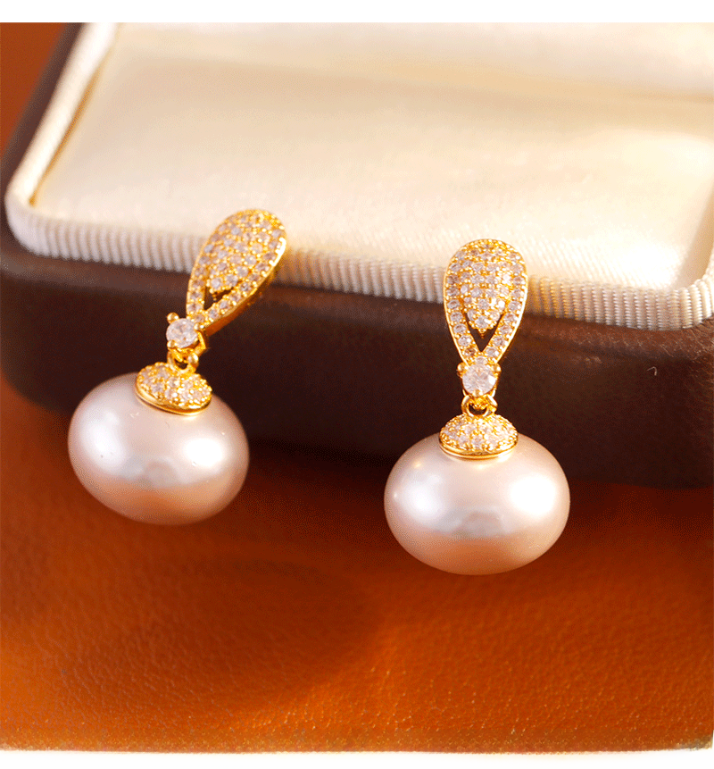 French Luxurious Sparkling Diamond Embedded Pearl Earrings Fashionable High-End Elegant Trendy Jewelry Accessories For Women