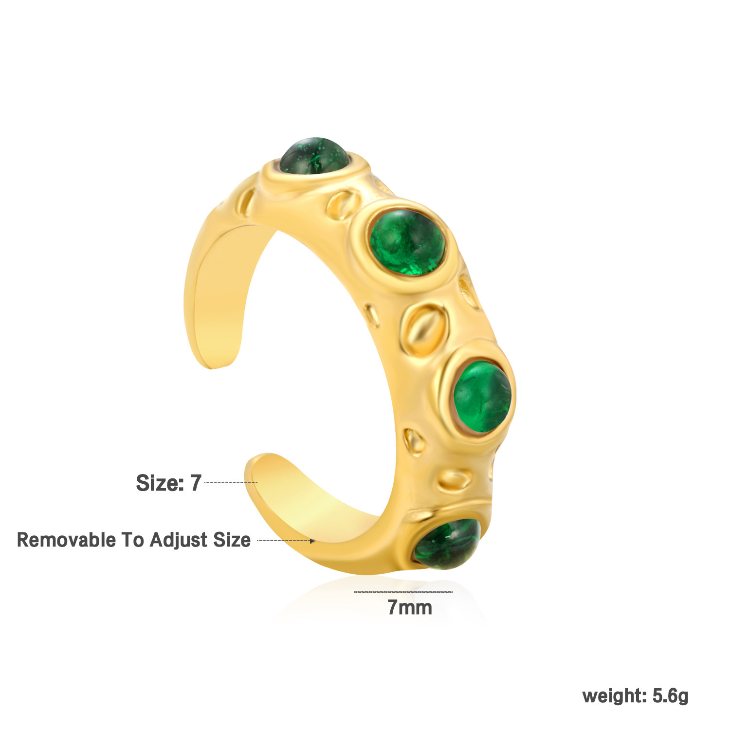 New Irregular Hammered Inlaid Emerald Cat's Eye Stone Ring For Women Luxurious Simple Fashion Open Ring Jewelry