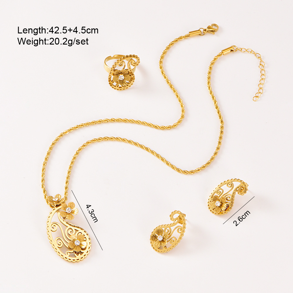 Three-piece Set Five-leaf Flower Stick Diamond Pearl Necklace Sense Ladies Stainless Steel Ring Accessories