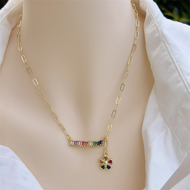 18K Gold Plated Handmade Double Pendant Flower Zircon Necklace Classic Simple Style Daily Wear Gift Copper Pendant Lobster Clasp