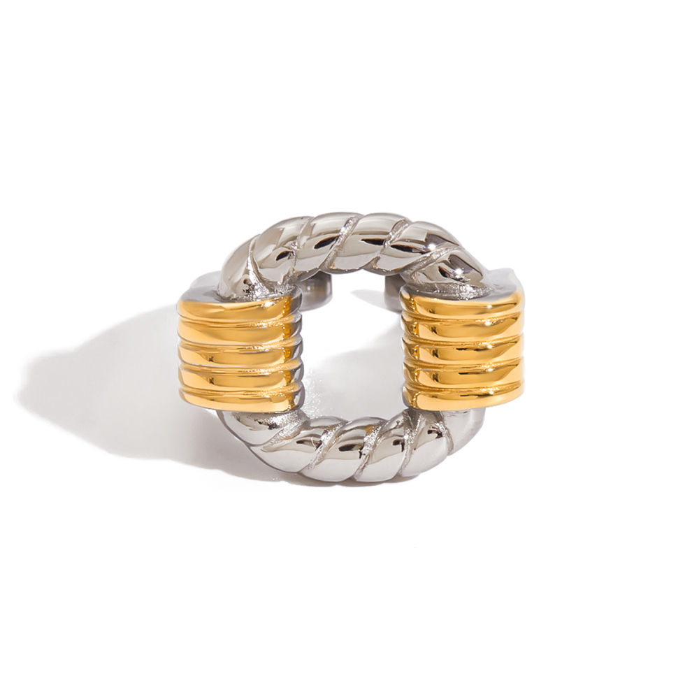 Ladies Classic Style Stainless Steel Hollow Out Open Ring Gold And Silver Color Block Twisted Wire Design Adjustable Size