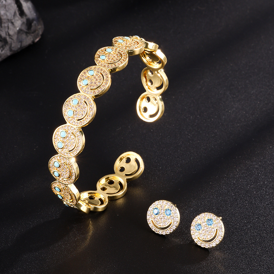 Elegant Smiling Face Micro-Paved Diamond Fashion Open Hand Bracelet Ring Set Versatile Zircon Match All Yellow Copper OL Style