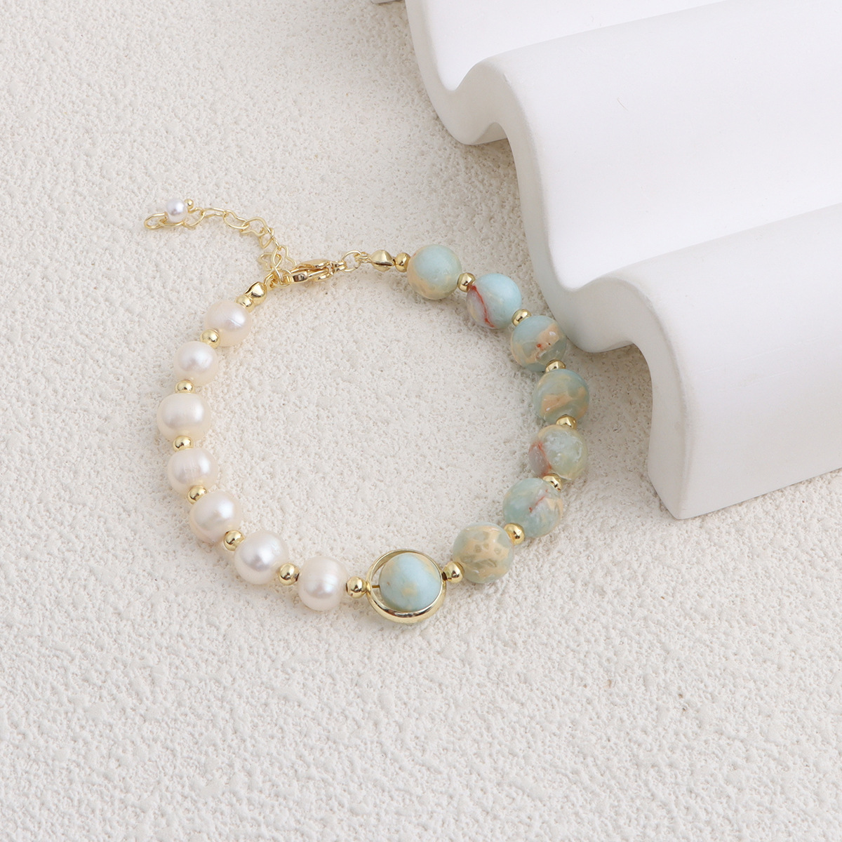Retro Natural Freshwater Pearl Beaded Bracelet Unique Design TianShan Cuì ShòuShān Stone Bracelet Geometric Pattern Women's Jewelry