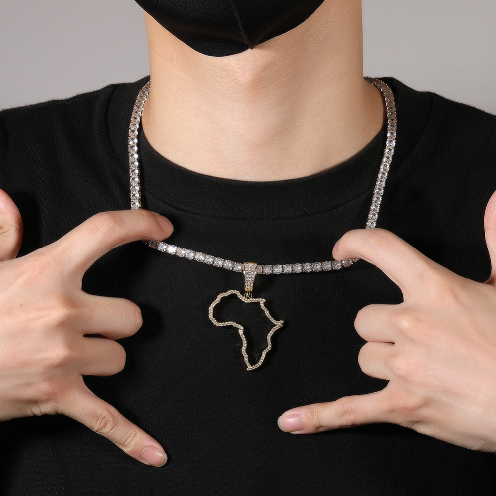 Fashion Hollow Copper Inlaid Zircon African Map Pendant Vacuum Electroplated 304 Stainless Steel Unique Design Hip Hop Style Fashion Accessories